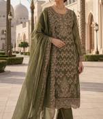 Mehendi silk blend suit with embroidery & sequin work