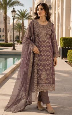 Purple silk blend suit with embroidery & sequin work 1