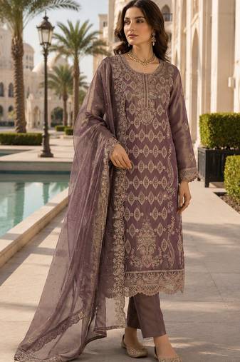 Purple silk blend suit with embroidery & sequin work