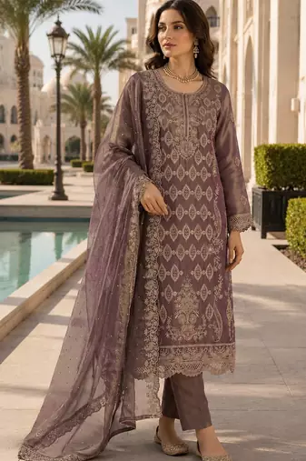 Purple silk blend suit with embroidery & sequin work