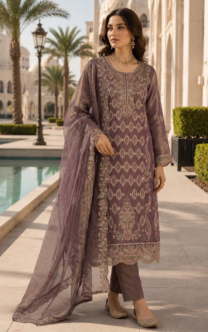 Purple silk blend suit with embroidery & sequin work