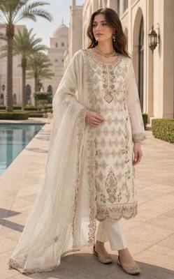 White silk blend suit with embroidery & sequin work 1