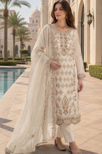 White silk blend suit with embroidery & sequin work