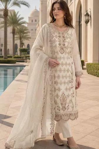 White silk blend suit with embroidery & sequin work