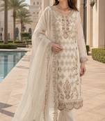 White silk blend suit with embroidery & sequin work