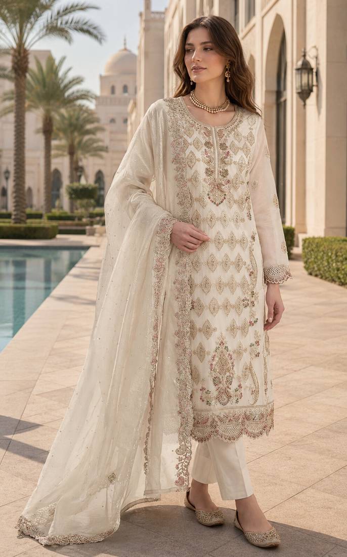 White silk blend suit with embroidery & sequin work