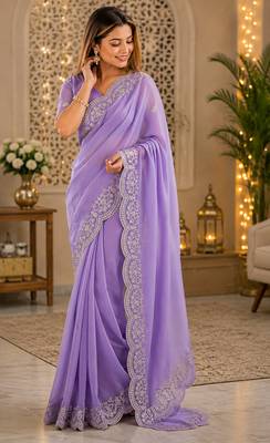 lavender embroidered designer shimmer chiffon saree with scalloped border 1