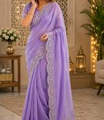 lavender embroidered designer shimmer chiffon saree with scalloped border