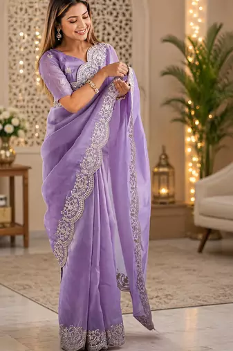 lavender embroidered designer shimmer chiffon saree with scalloped border