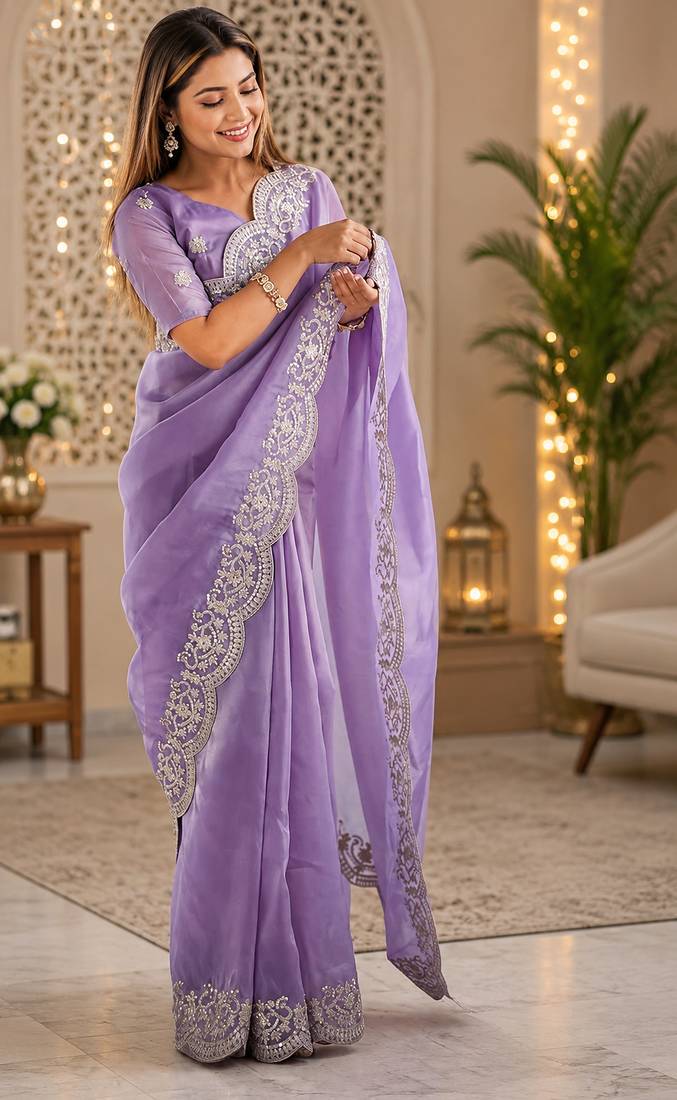 lavender embroidered designer shimmer chiffon saree with scalloped border