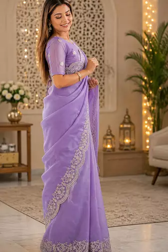 lavender embroidered designer shimmer chiffon saree with scalloped border
