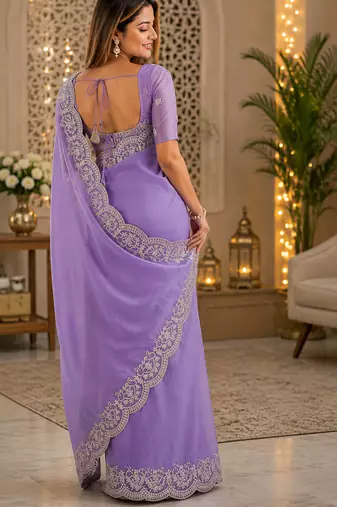 lavender embroidered designer shimmer chiffon saree with scalloped border