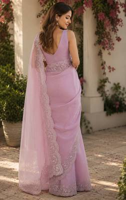 light lavender embroidered designer shimmer chiffon saree with scalloped border 4