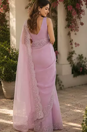 light lavender embroidered designer shimmer chiffon saree with scalloped border
