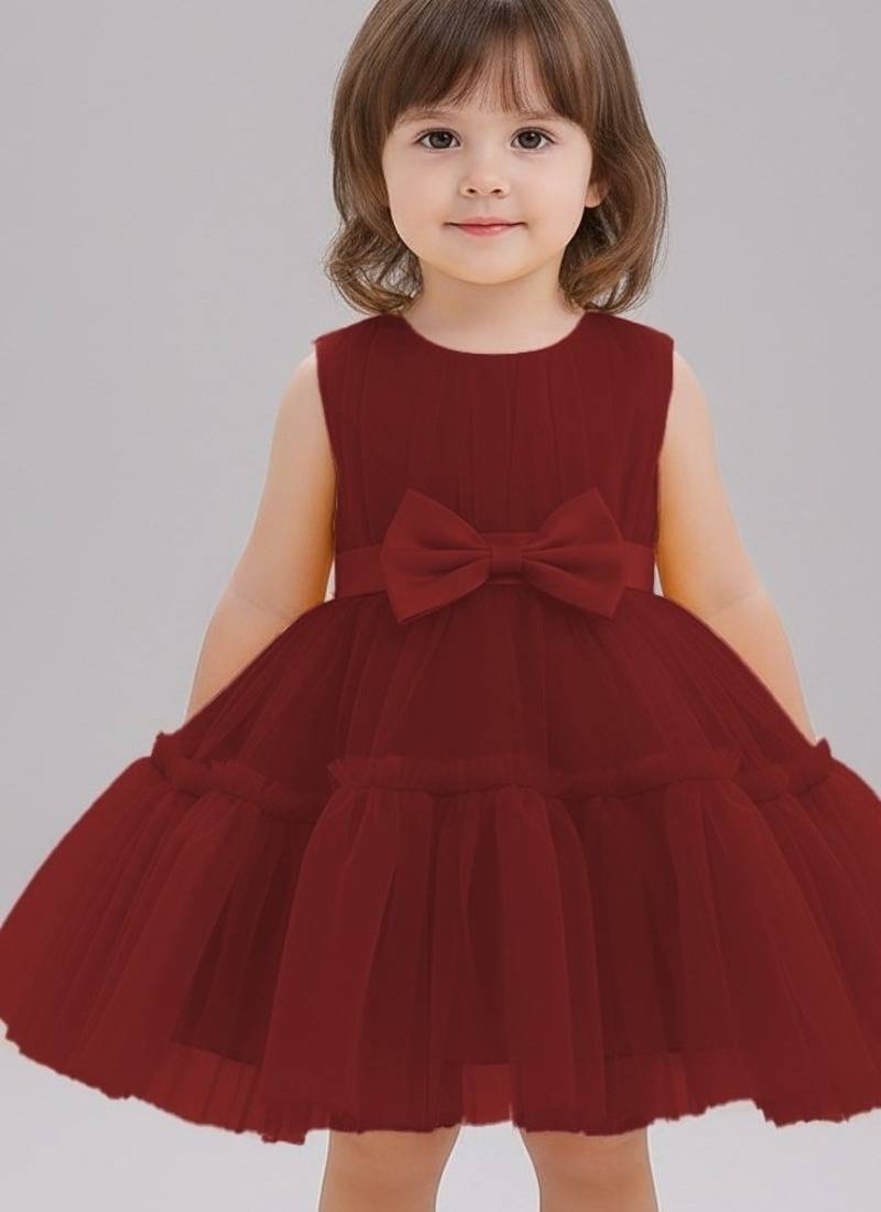 Maroon embellished net fit & flare party wear girls dress