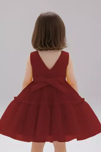 Maroon embellished net fit & flare party wear girls dress