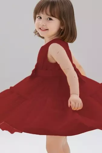 Maroon embellished net fit & flare party wear girls dress