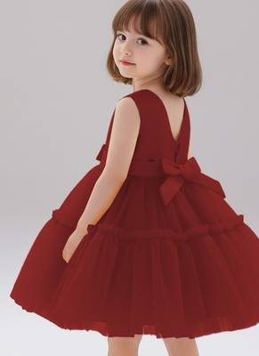 Maroon embellished net fit & flare party wear girls dress 5