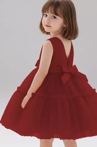 Maroon embellished net fit & flare party wear girls dress