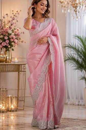 pink embroidered designer shimmer chiffon saree with scalloped border