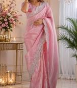 pink embroidered designer shimmer chiffon saree with scalloped border