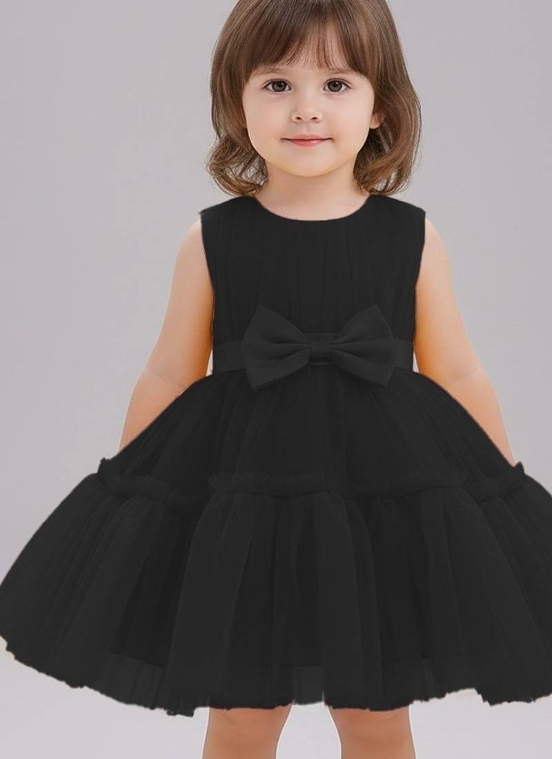 Black embellished net fit & flare party wear girls dress