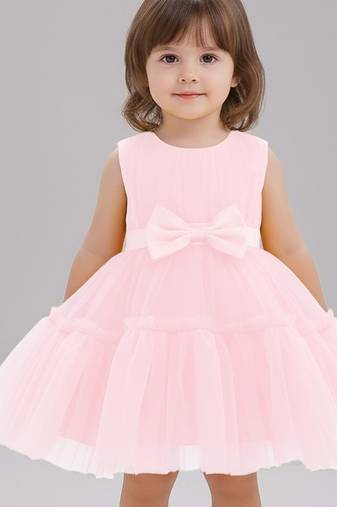 Pink embellished net fit & flare party wear girls dress