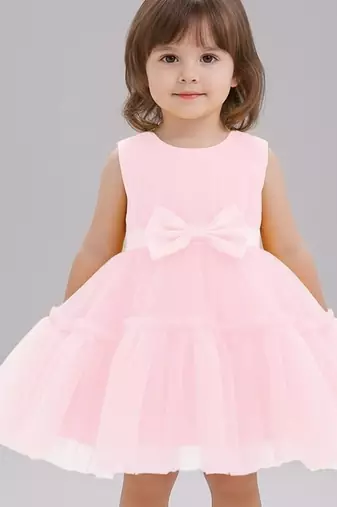 Pink embellished net fit & flare party wear girls dress