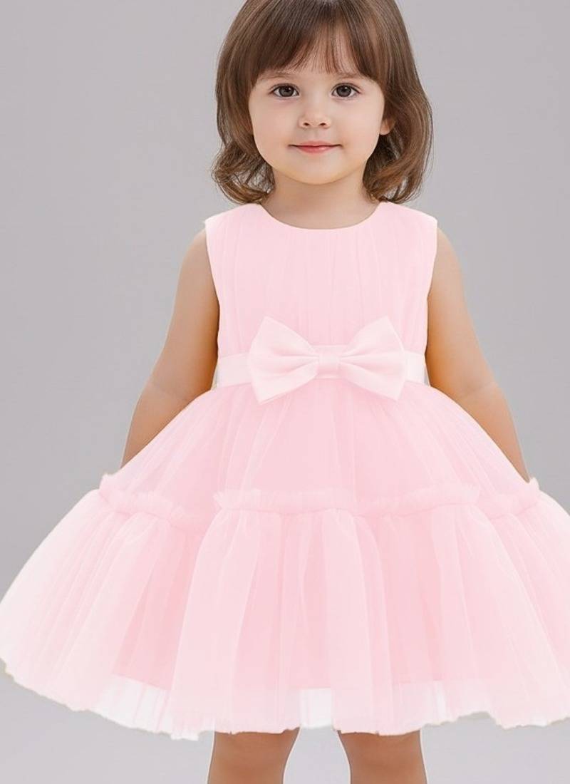 Pink embellished net fit & flare party wear girls dress