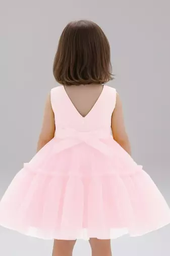 Pink embellished net fit & flare party wear girls dress
