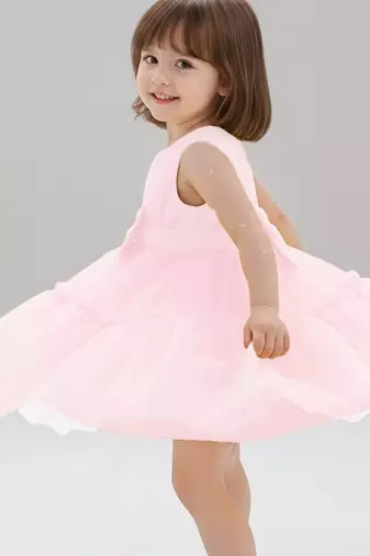 Pink embellished net fit & flare party wear girls dress