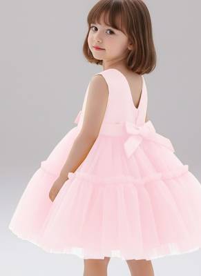 Pink embellished net fit & flare party wear girls dress 5