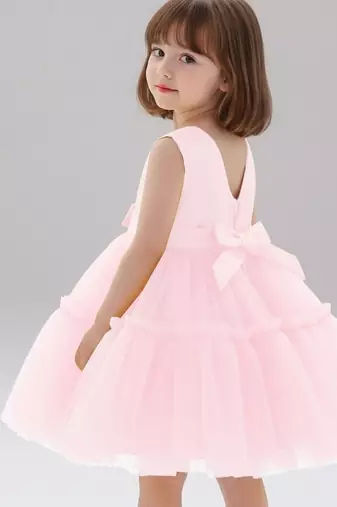 Pink embellished net fit & flare party wear girls dress