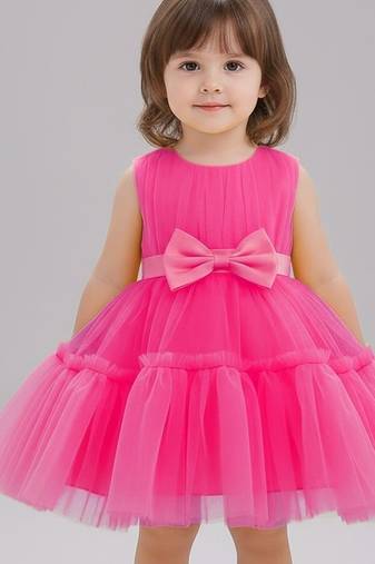 Pink embellished net fit & flare party wear girls dress