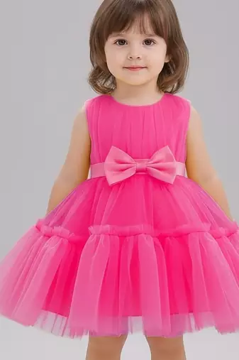 Pink embellished net fit & flare party wear girls dress