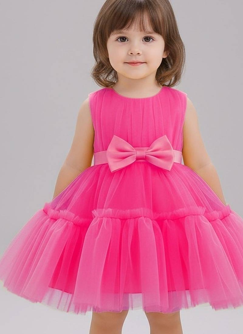Pink embellished net fit & flare party wear girls dress