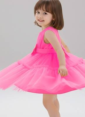 Pink embellished net fit & flare party wear girls dress 3