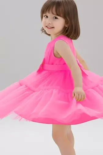 Pink embellished net fit & flare party wear girls dress