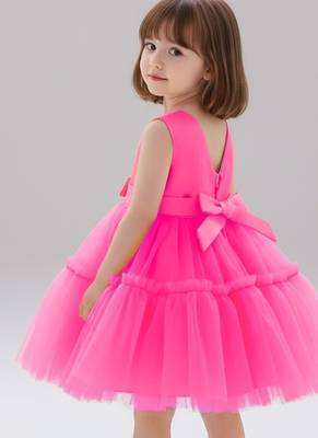 Pink embellished net fit & flare party wear girls dress 5