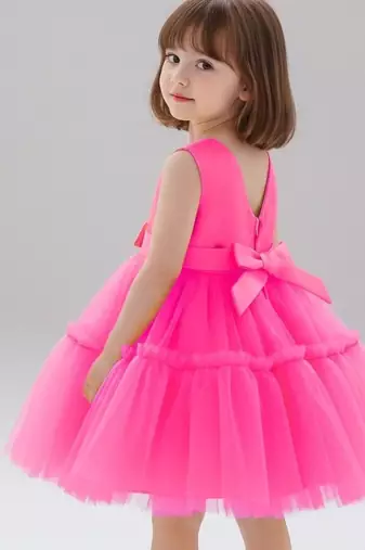 Pink embellished net fit & flare party wear girls dress