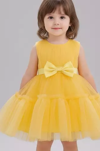 Yellow embellished net fit & flare party wear girls dress