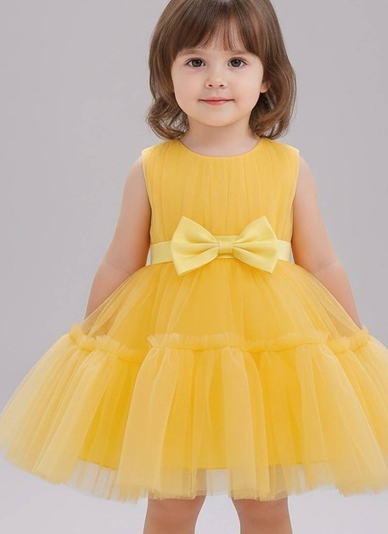 Yellow embellished net fit & flare party wear girls dress