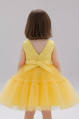 Yellow embellished net fit & flare party wear girls dress