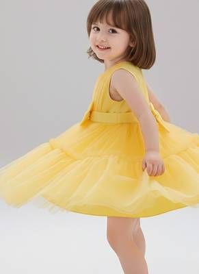 Yellow embellished net fit & flare party wear girls dress 3