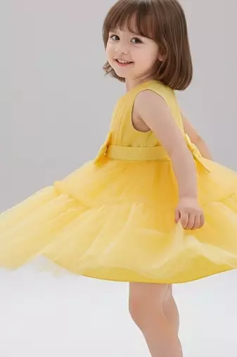 Yellow embellished net fit & flare party wear girls dress
