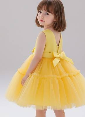 Yellow embellished net fit & flare party wear girls dress 5