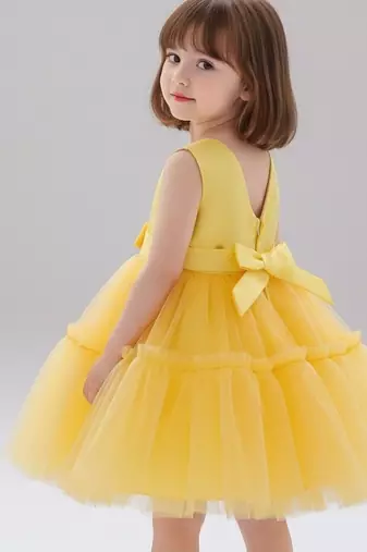 Yellow embellished net fit & flare party wear girls dress