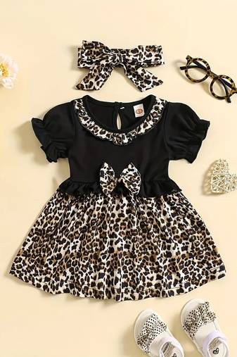 Black leopard print bow detailed fit & flare girls dress