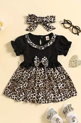 Black leopard print bow detailed fit & flare girls dress