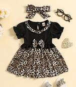 Black leopard print bow detailed fit & flare girls dress